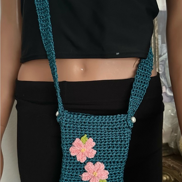 Hand Knits 2 Love Crochet Bag Teal Flowers Beads Designer Phone Cosmetic  Misc - Picture 4 of 6